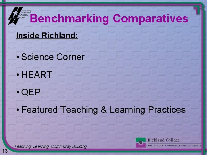 Benchmarking Comparatives Inside Richland: • Science Corner • HEART • QEP • Featured Teaching