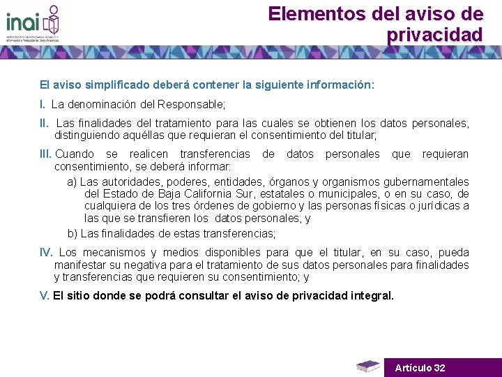 Elementos del aviso de privacidad El aviso simplificado deberá contener la siguiente información: I.