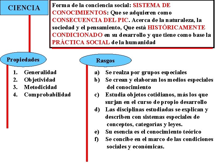 CIENCIA Forma de la conciencia social: SISTEMA DE CONOCIMIENTOS: Que se adquieren como CONSECUENCIA