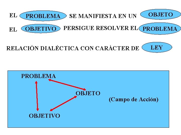 EL PROBLEMA EL OBJETIVO SE MANIFIESTA EN UN OBJETO PERSIGUE RESOLVER EL PROBLEMA RELACIÓN