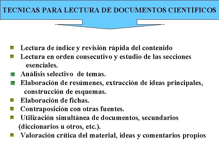 TECNICAS PARA LECTURA DE DOCUMENTOS CIENTÍFICOS Lectura de índice y revisión rápida del contenido