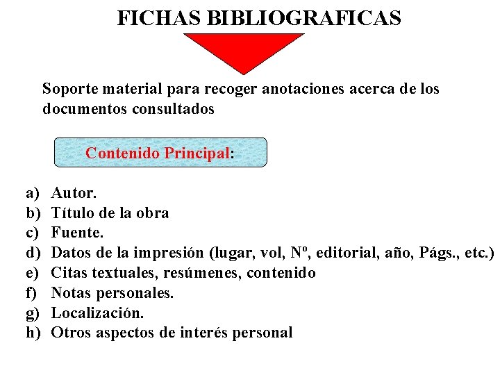  FICHAS BIBLIOGRAFICAS Soporte material para recoger anotaciones acerca de los documentos consultados Contenido
