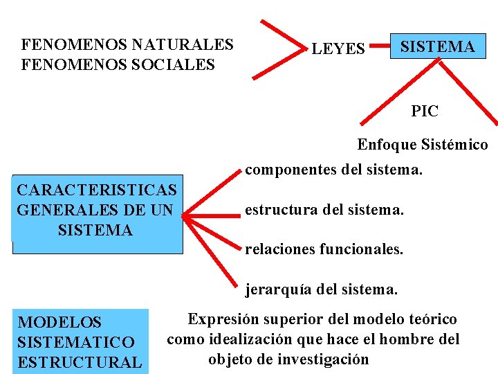 FENOMENOS NATURALES FENOMENOS SOCIALES LEYES SISTEMA PIC Enfoque Sistémico componentes del sistema. CARACTERISTICAS GENERALES
