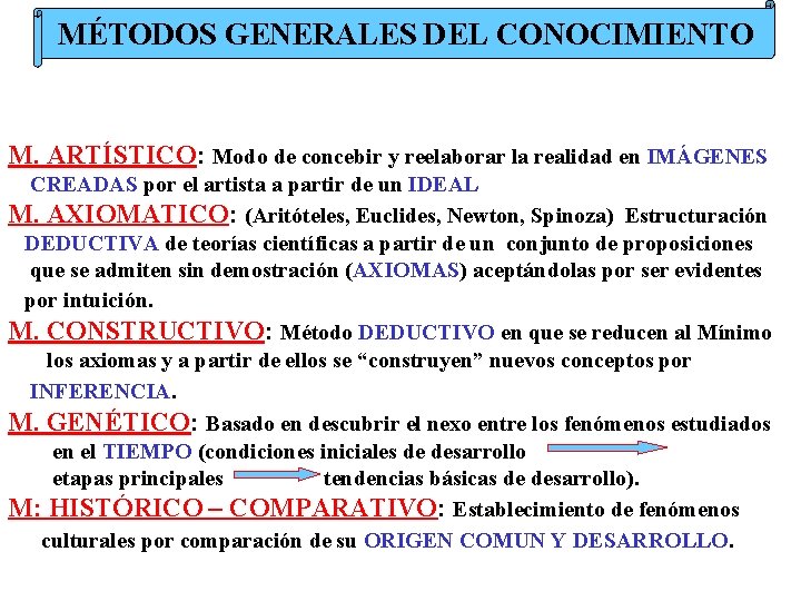 MÉTODOS GENERALES DEL CONOCIMIENTO M. ARTÍSTICO: Modo de concebir y reelaborar la realidad en