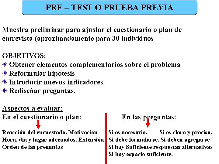 PRE – TEST O PRUEBA PREVIA Muestra preliminar para ajustar el cuestionario o plan