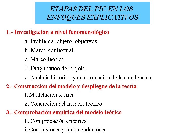 ETAPAS DEL PIC EN LOS ENFOQUES EXPLICATIVOS 1. - Investigación a nivel fenomenológico a.