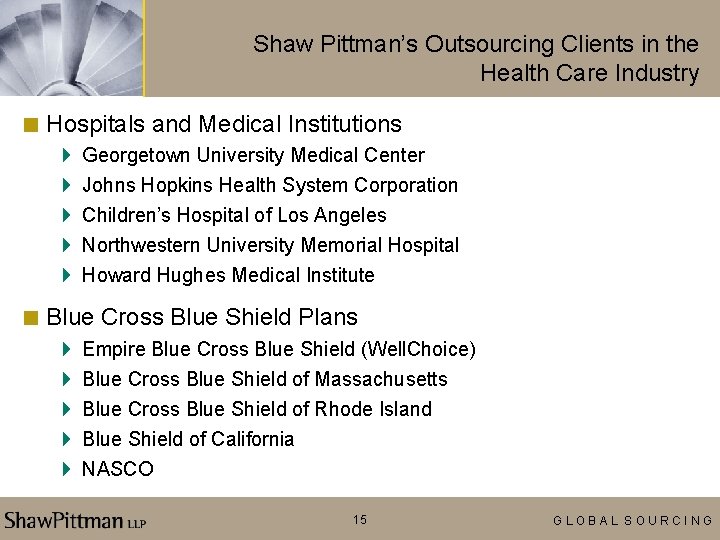 Shaw Pittman’s Outsourcing Clients in the Health Care Industry < Hospitals and Medical Institutions