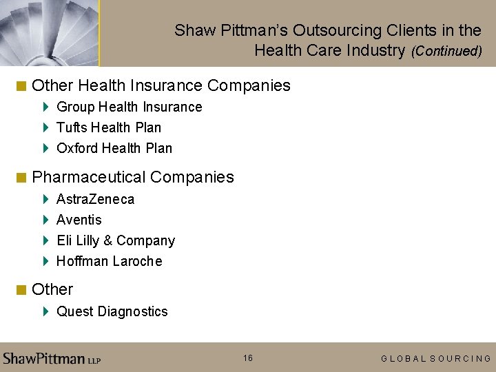 Shaw Pittman’s Outsourcing Clients in the Health Care Industry (Continued) < Other Health Insurance