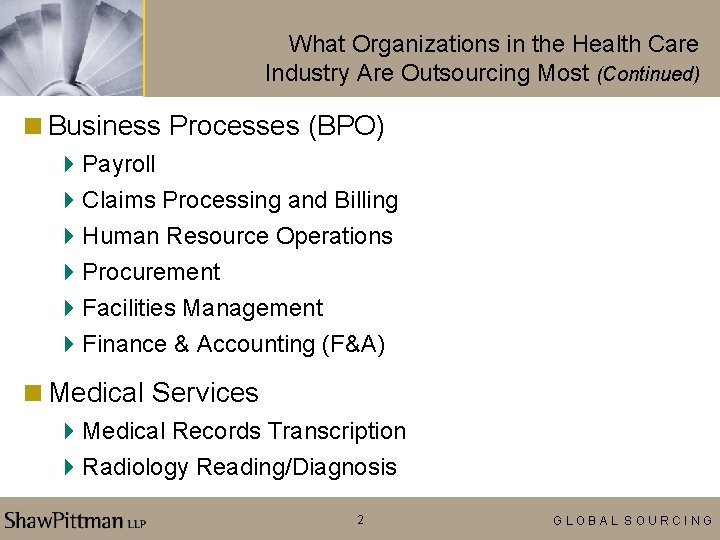 What Organizations in the Health Care Industry Are Outsourcing Most (Continued) <Business Processes (BPO)
