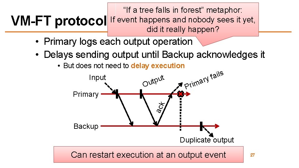 VM-FT protocol “If a tree falls in forest” metaphor: If event happens and nobody