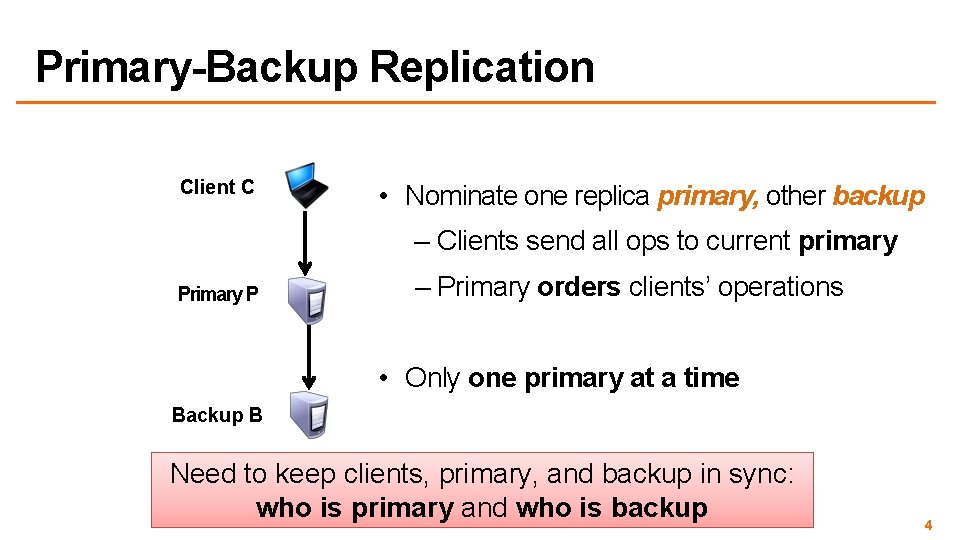 Primary-Backup Replication Client C • Nominate one replica primary, other backup – Clients send