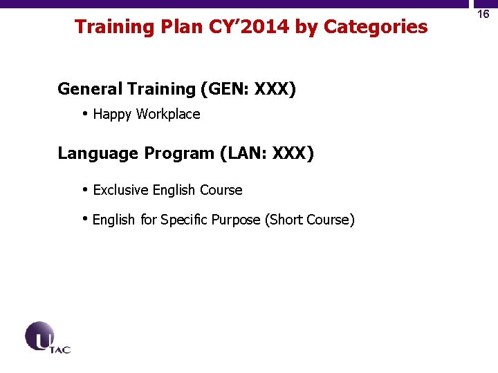 Training Plan CY’ 2014 by Categories General Training (GEN: XXX) • Happy Workplace Language