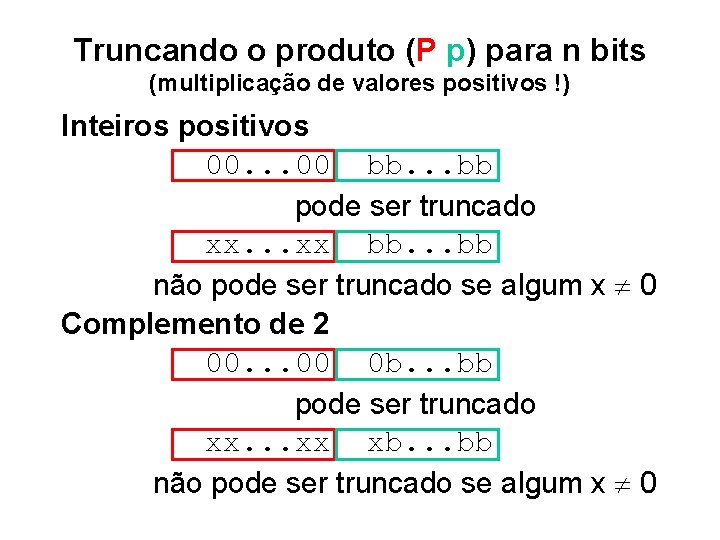 Truncando o produto (P p) para n bits (multiplicação de valores positivos !) Inteiros