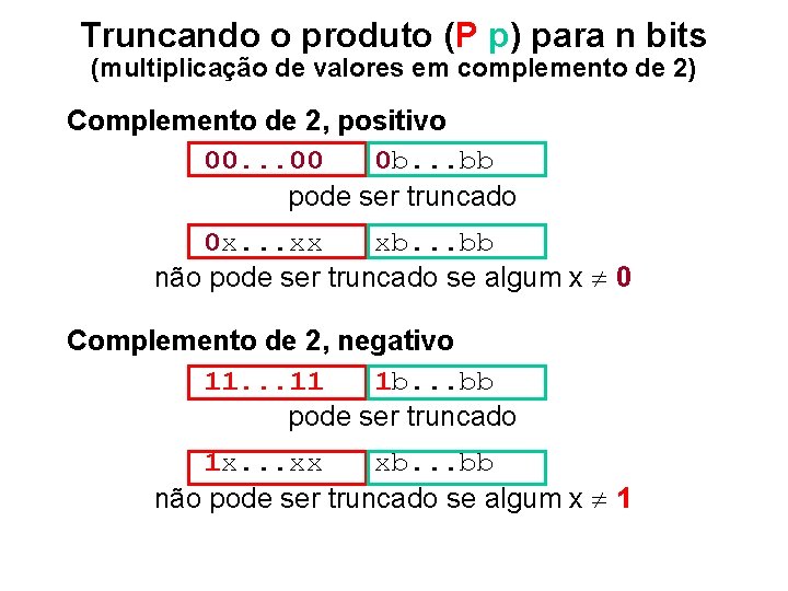 Truncando o produto (P p) para n bits (multiplicação de valores em complemento de