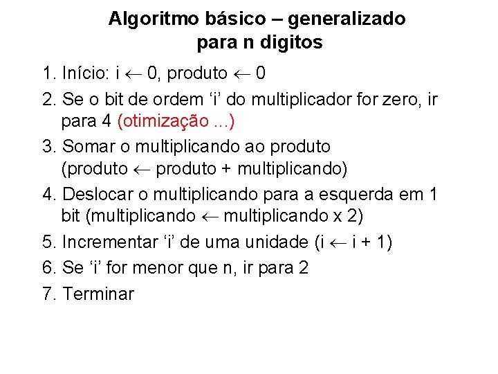 Algoritmo básico – generalizado para n digitos 1. Início: i 0, produto 0 2.