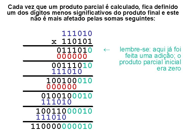 Cada vez que um produto parcial é calculado, fica definido um dos dígitos menos