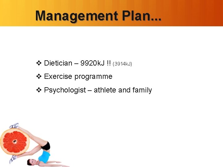 Management Plan. . . v Dietician – 9920 k. J !! (3914 k. J)