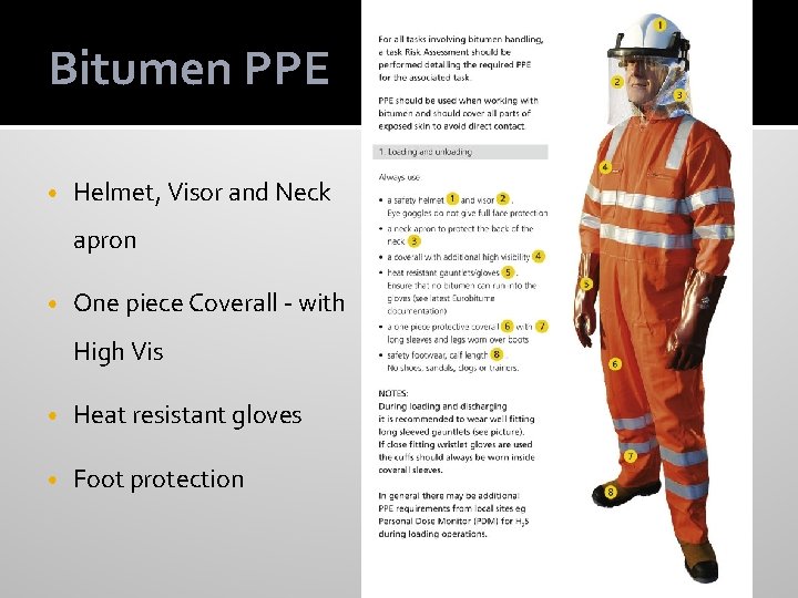 Bitumen PPE • Helmet, Visor and Neck apron • One piece Coverall - with