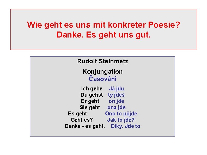 Wie geht es uns mit konkreter Poesie? Danke. Es geht uns gut. Rudolf Steinmetz