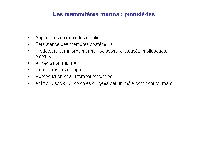 Les mammifères marins : pinnidèdes • • Apparentés aux canidés et félidés Persistance des Les mammifères marins : pinnidèdes • • Apparentés aux canidés et félidés Persistance des