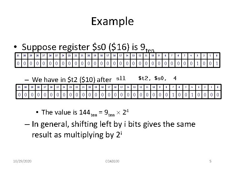 Example • Suppose register $s 0 ($16) is 9 ten 31 30 29 28