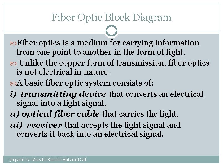 Fiber Optic Block Diagram Fiber optics is a medium for carrying information from one