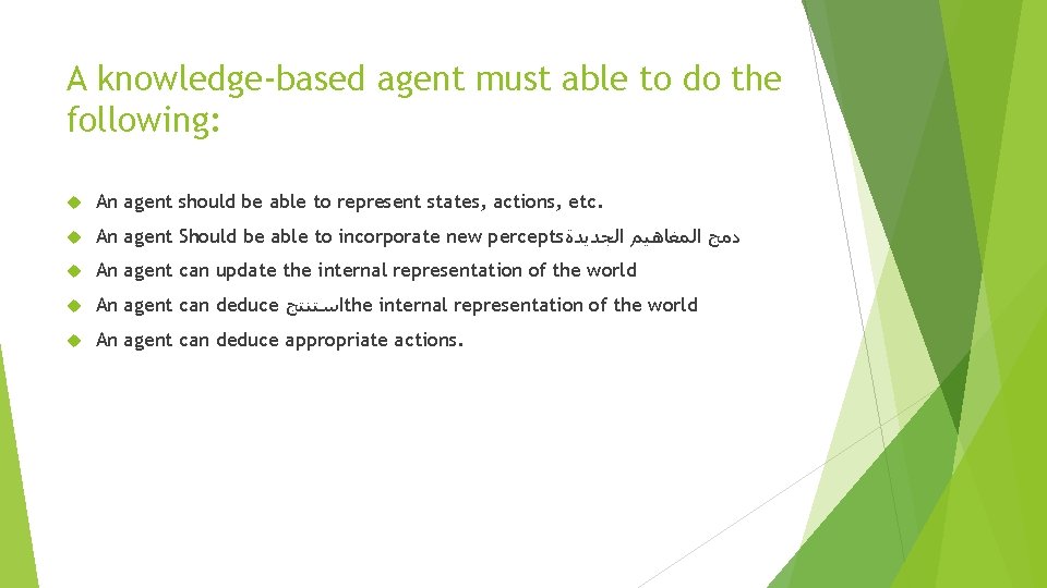 A knowledge-based agent must able to do the following: An agent should be able A knowledge-based agent must able to do the following: An agent should be able