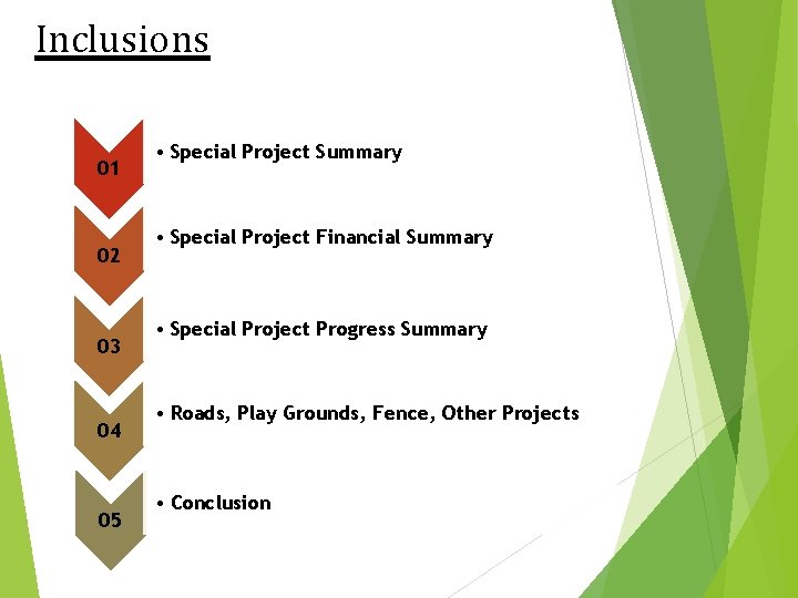 Inclusions 01 02 03 04 05 • Special Project Summary • Special Project Financial