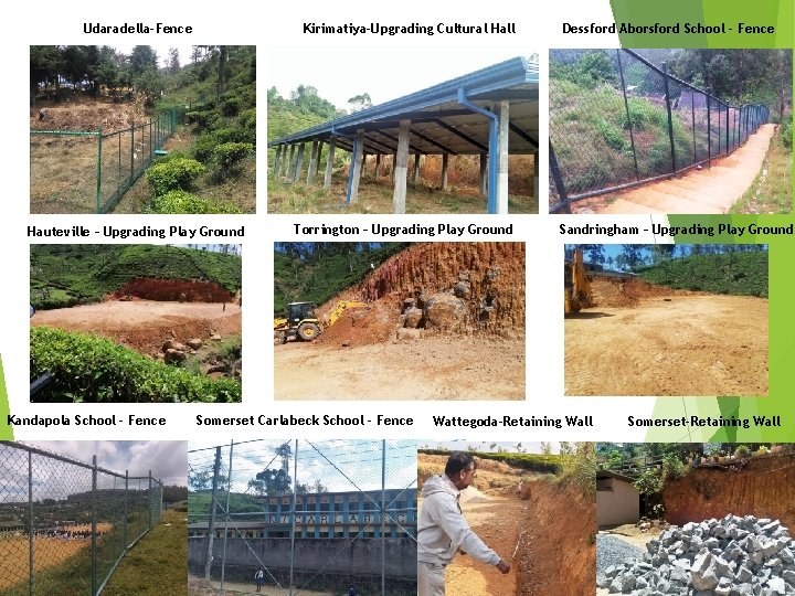 Udaradella-Fence Kirimatiya-Upgrading Cultural Hall Hauteville – Upgrading Play Ground Kandapola School - Fence Torrington