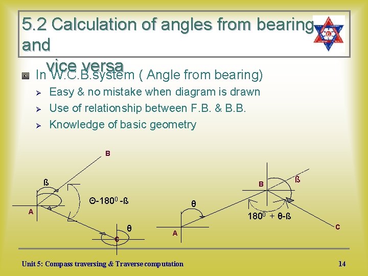 5. 2 Calculation of angles from bearing and vice versa In W. C. B.