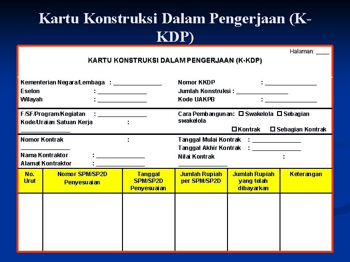 Kartu Konstruksi Dalam Pengerjaan (KKDP) Halaman: ____ KARTU KONSTRUKSI DALAM PENGERJAAN (K-KDP) Kementerian Negara/Lembaga