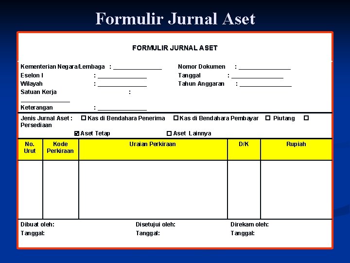 Formulir Jurnal Aset FORMULIR JURNAL ASET Kementerian Negara/Lembaga : ________ Eselon I : ________