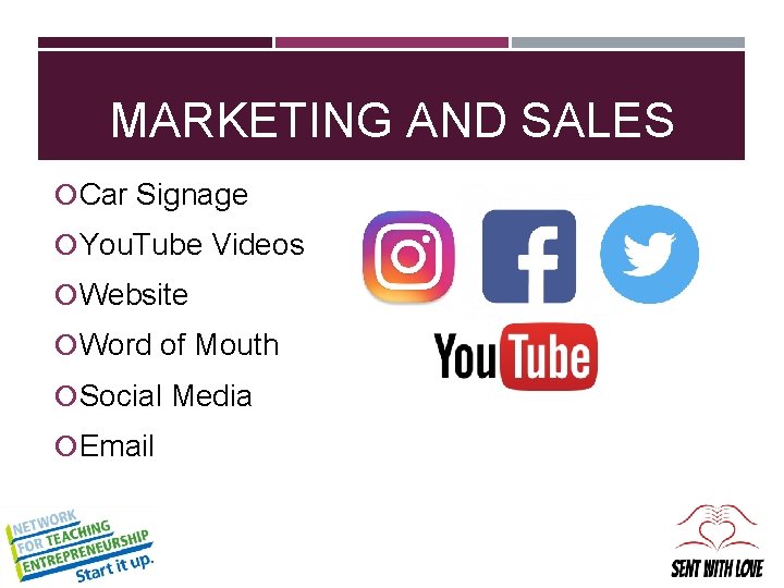 MARKETING AND SALES Car Signage You. Tube Videos Website Word of Mouth Social Media