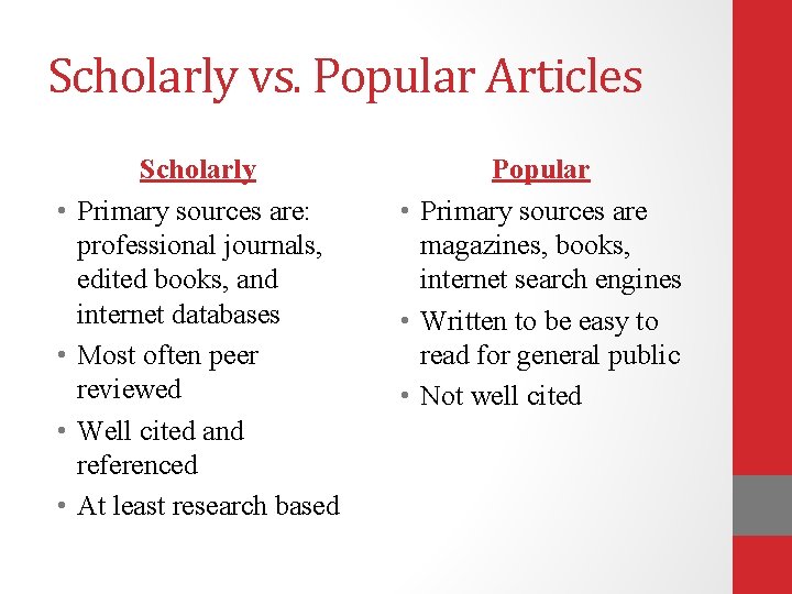 Scholarly vs. Popular Articles • • Scholarly Primary sources are: professional journals, edited books,