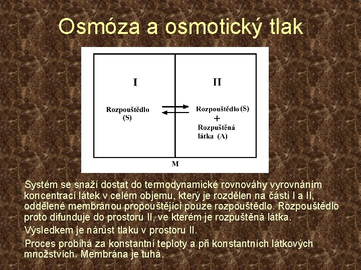 Osmóza a osmotický tlak Systém se snaží dostat do termodynamické rovnováhy vyrovnáním koncentrací látek