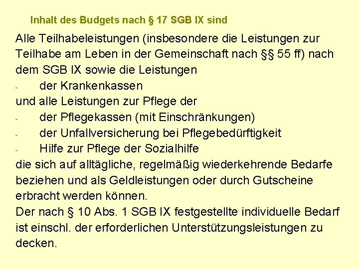 Inhalt des Budgets nach § 17 SGB IX sind Alle Teilhabeleistungen (insbesondere die Leistungen