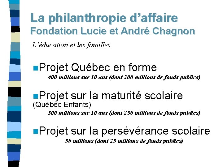 La philanthropie d’affaire Fondation Lucie et André Chagnon L’éducation et les familles n. Projet