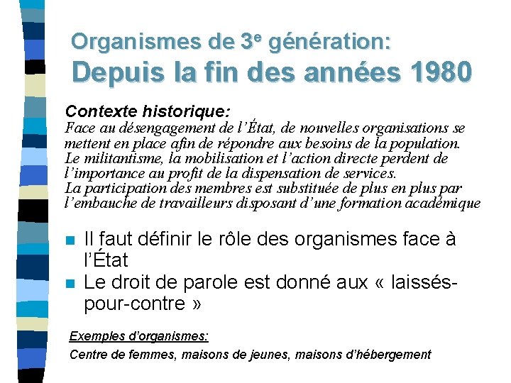 Organismes de 3 e génération: Depuis la fin des années 1980 Contexte historique: Face