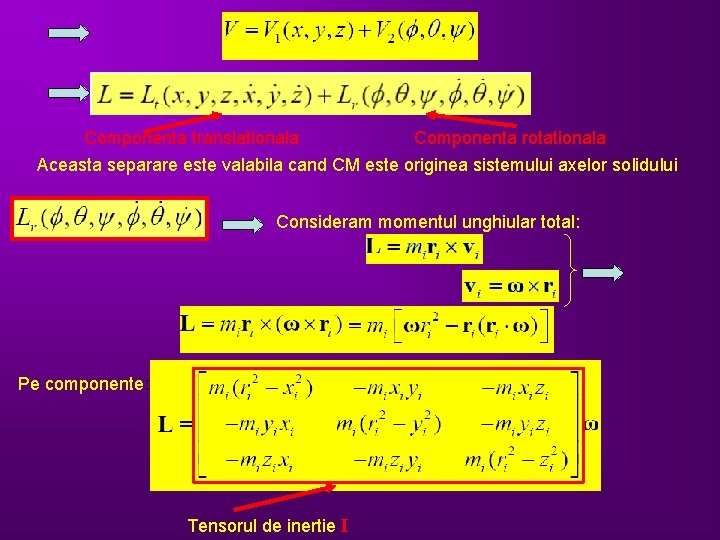 Componenta translationala Componenta rotationala Aceasta separare este valabila cand CM este originea sistemului axelor