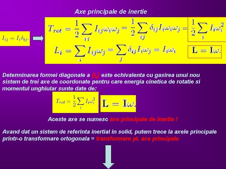 Axe principale de inertie Determinarea formei diagonale a {Iij} este echivalenta cu gasirea unui