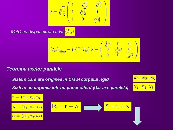 Matricea diagonalizata a lui Teorema axelor paralele Sistem care originea in CM al corpului