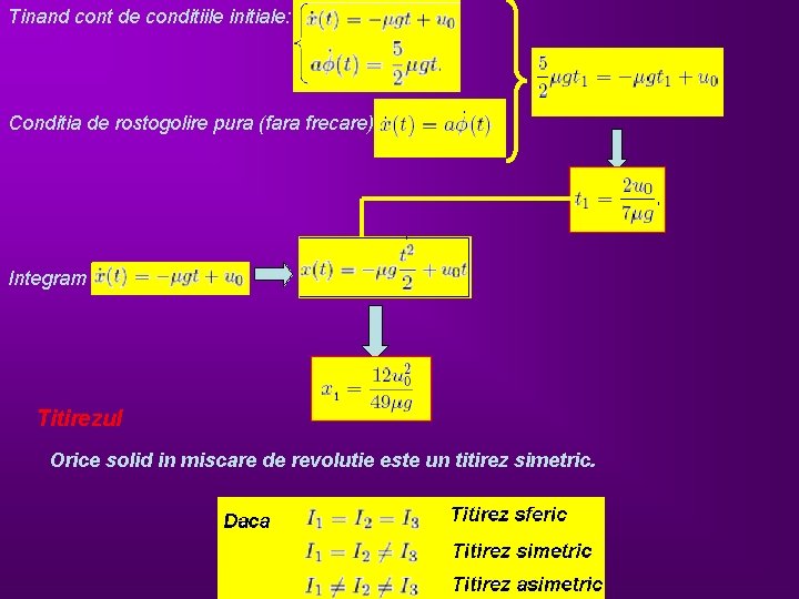 Tinand cont de conditiile initiale: Conditia de rostogolire pura (fara frecare): Integram Titirezul Orice