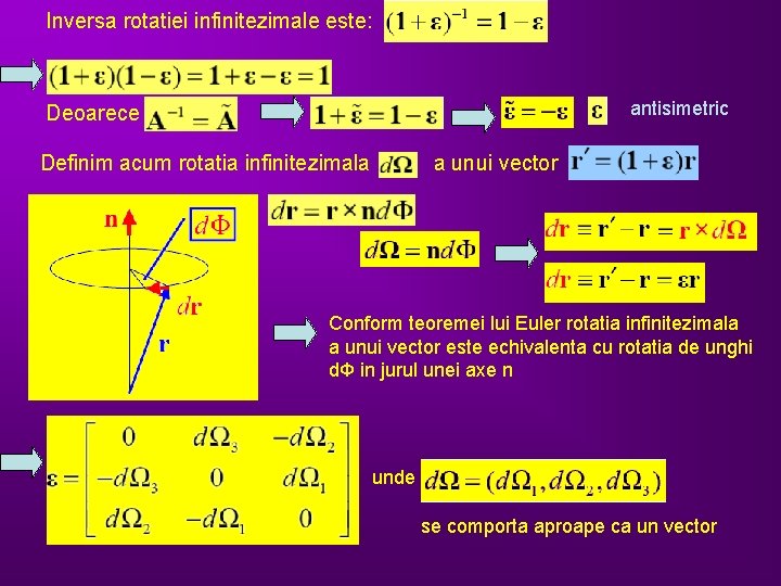 Inversa rotatiei infinitezimale este: antisimetric Deoarece Definim acum rotatia infinitezimala a unui vector Conform