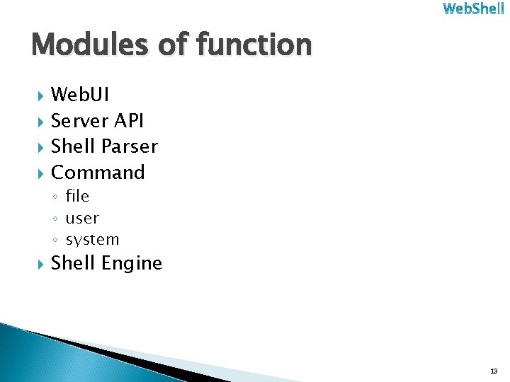 Modules of function Web. UI Server API Shell Parser Command ◦ file ◦ user