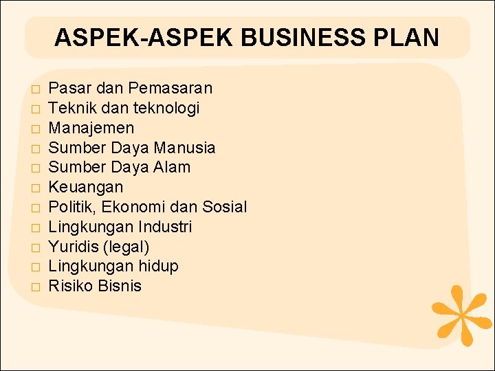 ASPEK-ASPEK BUSINESS PLAN � � � Pasar dan Pemasaran Teknik dan teknologi Manajemen Sumber