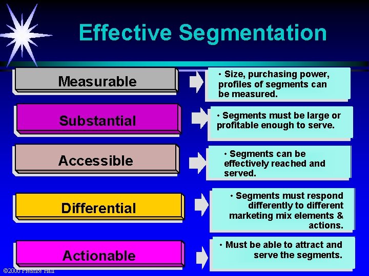 Effective Segmentation Measurable • Size, purchasing power, profiles of segments can be measured. Substantial