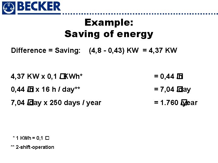 Example: Saving of energy Difference = Saving: (4, 8 - 0, 43) KW =