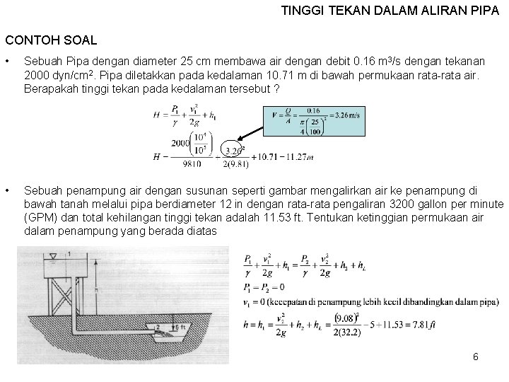 TINGGI TEKAN DALAM ALIRAN PIPA CONTOH SOAL • Sebuah Pipa dengan diameter 25 cm