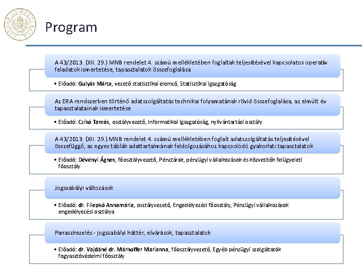 Program A 43/2013. (XII. 29. ) MNB rendelet 4. számú mellékletében foglaltak teljesítésével kapcsolatos