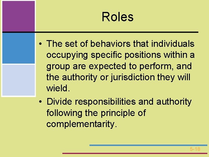 Roles • The set of behaviors that individuals occupying specific positions within a group